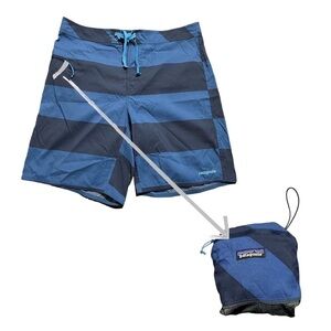 Patagonia Vintage Blue Striped Bathing Suit trunk rolls into a bag Size 34